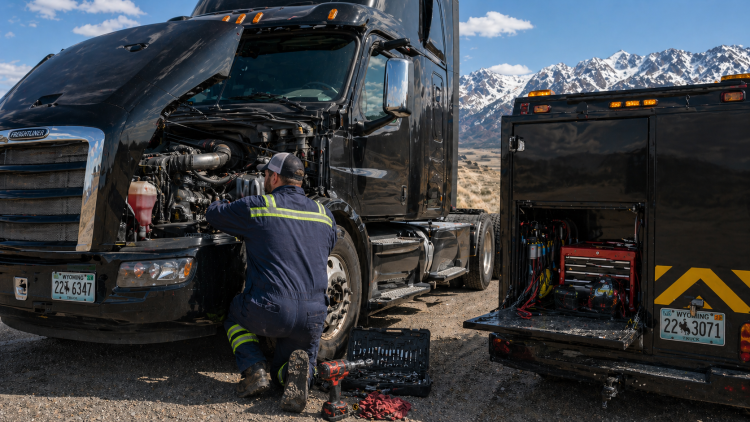 Diesel technician performing mobile road service on a Freightliner semi truck in Rawlins Wyoming
