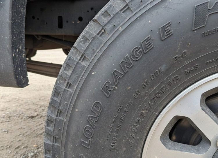 heavy duty pickup truck sidewall showing load range markings